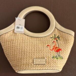 NWT Tommy Bahama Beige Straw Bag with Flamingo Embroidery